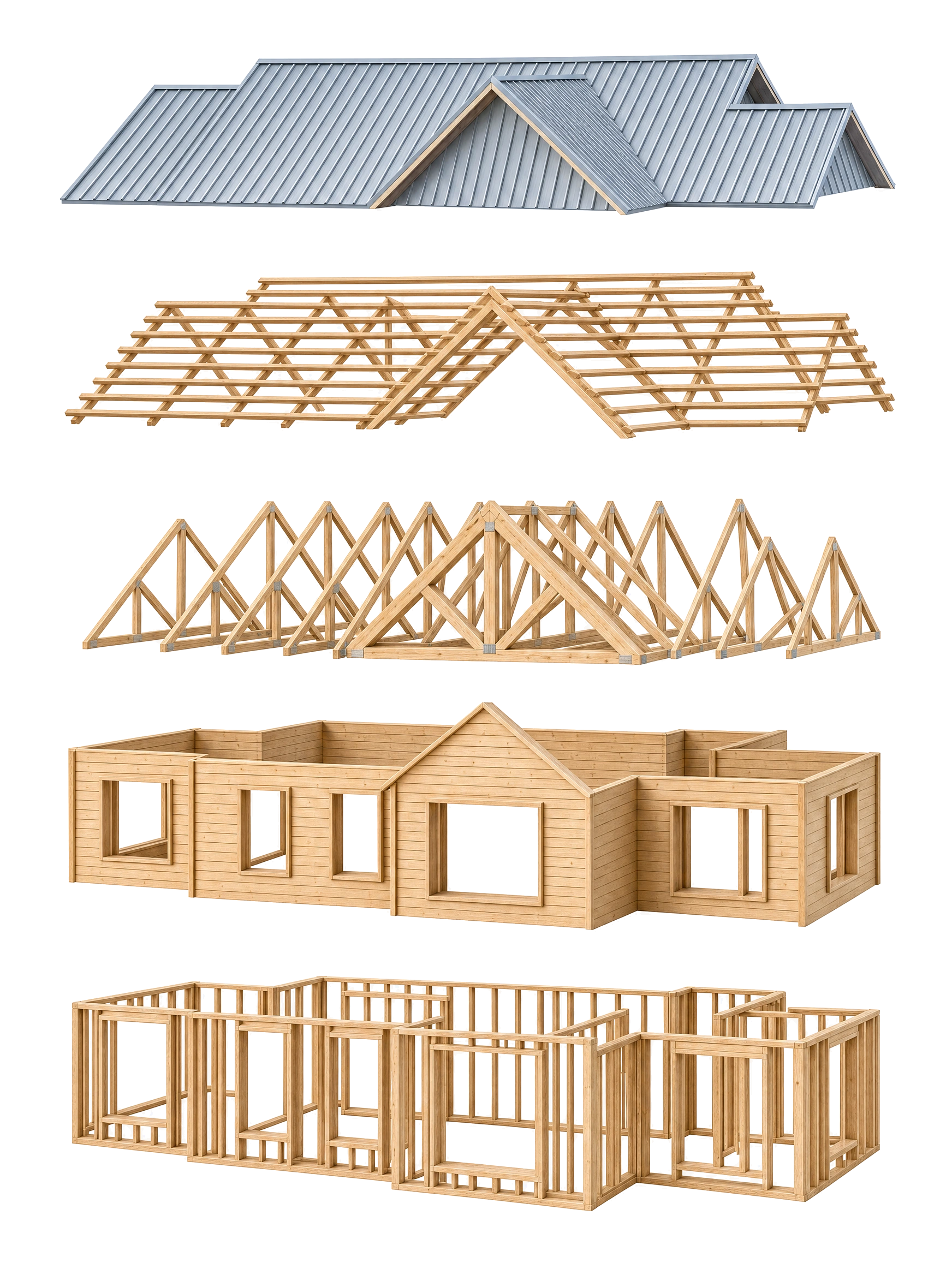 Despiece del kit básico: cubierta de zinc, costaneras, cerchas, forro exterior de tablas y estructura de los muros