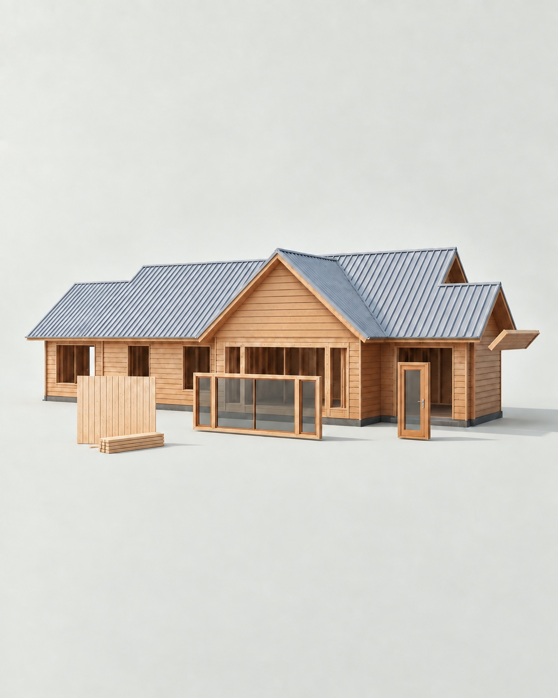 Ilustración del kit básico con muros exteriores forrados y techo de zinc, acompañado de forros completos, puerta, ventana y alero como adicionales