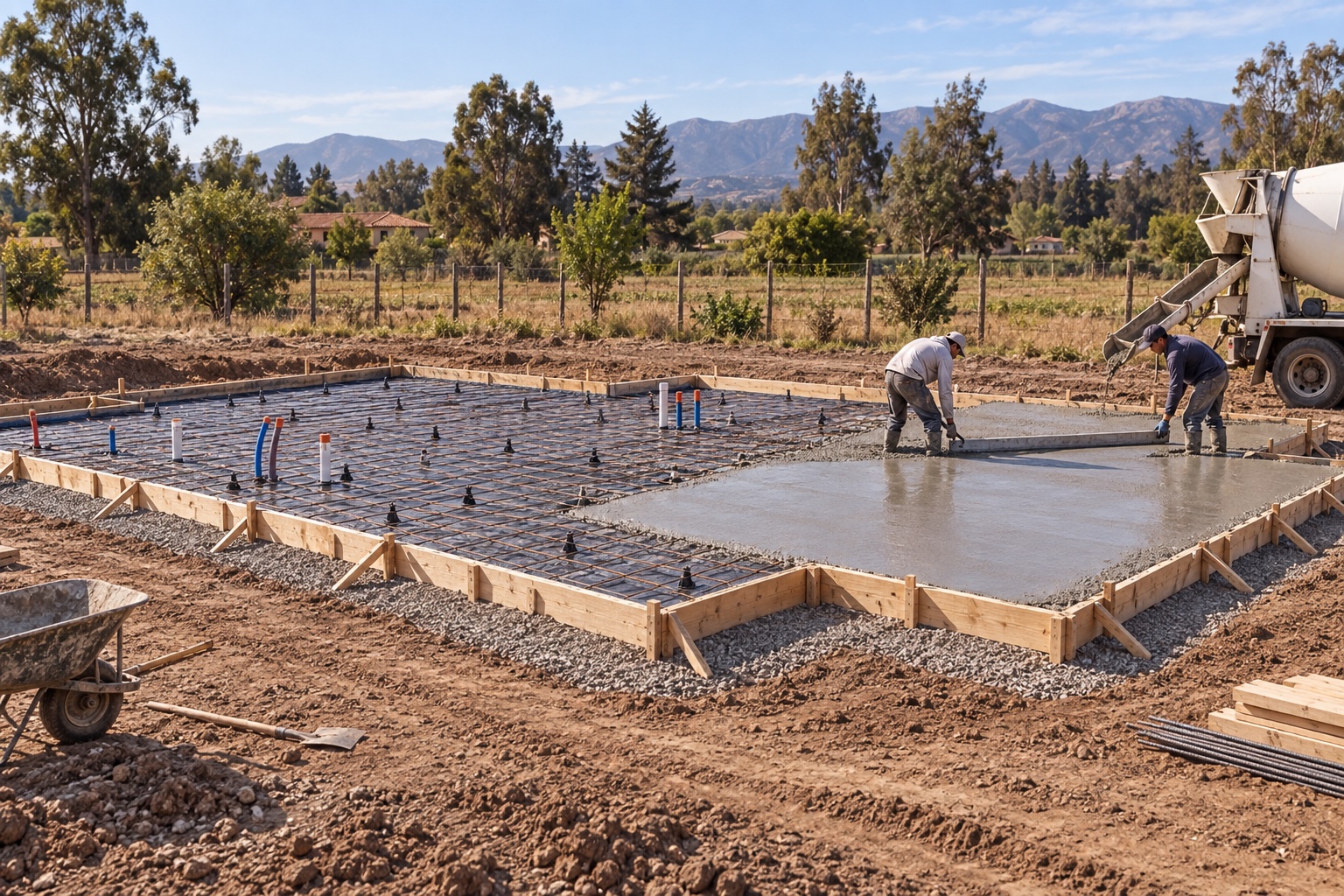 Construcción de un radier con moldaje, barrera de humedad, malla sobre separadores y hormigón siendo nivelado