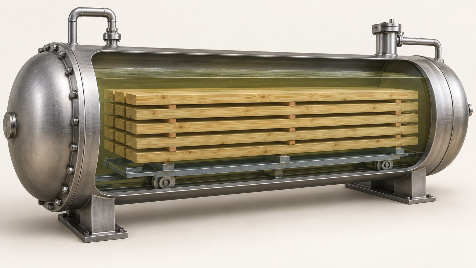 Ilustración en corte lateral de un autoclave cerrado con un lote de madera y solución preservante en su interior.