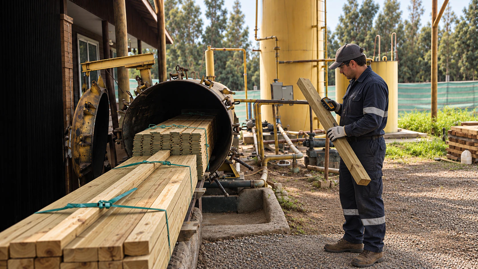 Ilustración basada en el autoclave real de Órdenes: un operario inspecciona una pieza de madera impregnada mientras el lote sale de la cámara por el riel de carga.